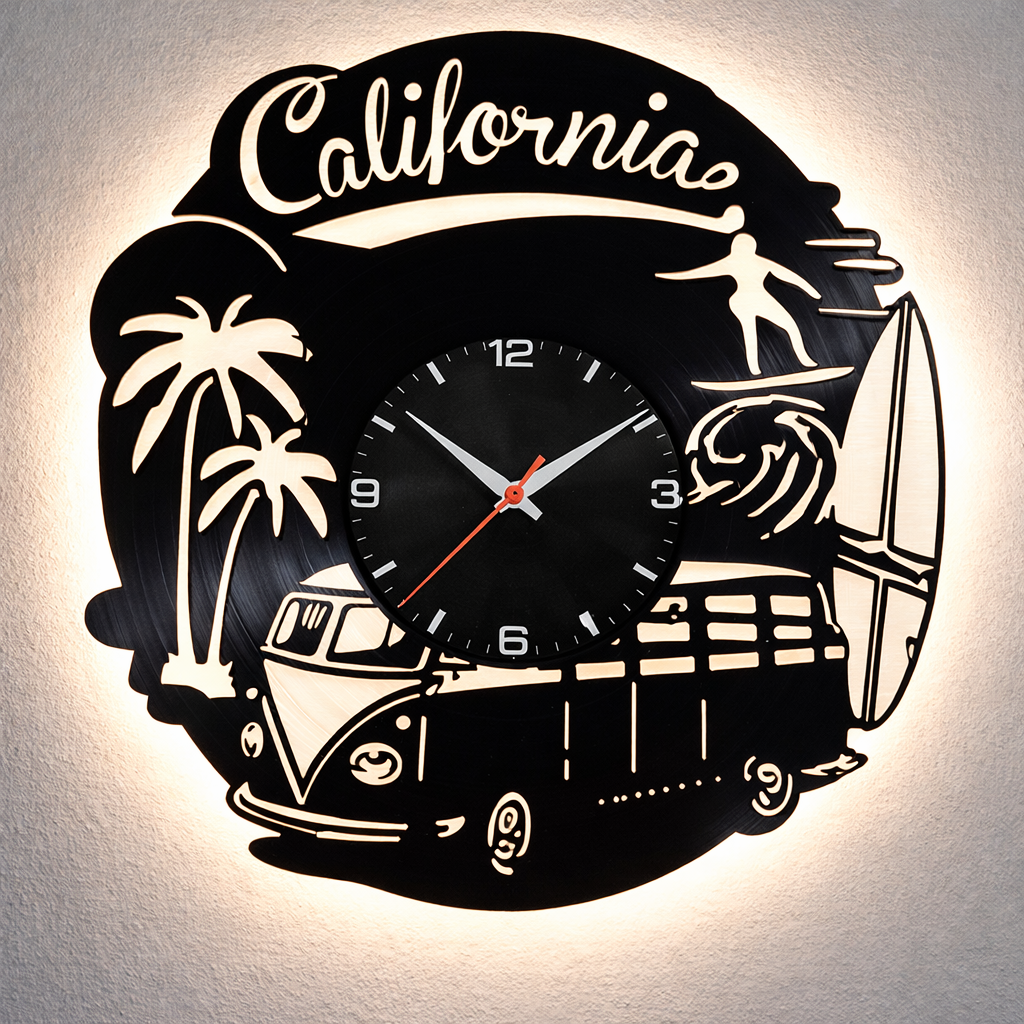 Vinyl Wanduhr - Schallplatte - California Bus - Hintergrundbeleuchtet- leises Uhrwerk