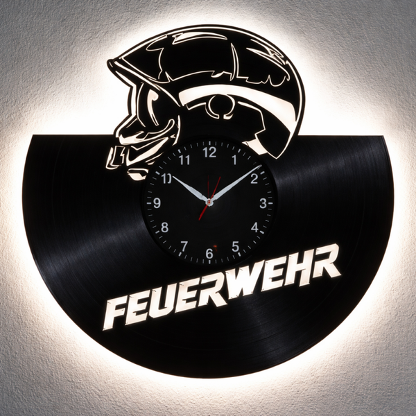Vinyl Wanduhr - Schallplatte - Feuerwehr - Hintergrundbeleuchtet- leises Uhrwerk