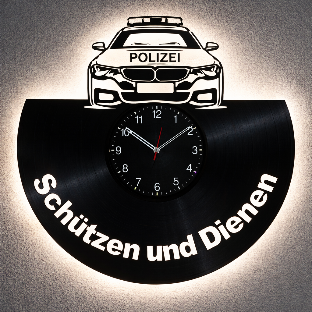 Vinyl Wanduhr - Schallplatte - Polizei - Hintergrundbeleuchtet- leises Uhrwerk