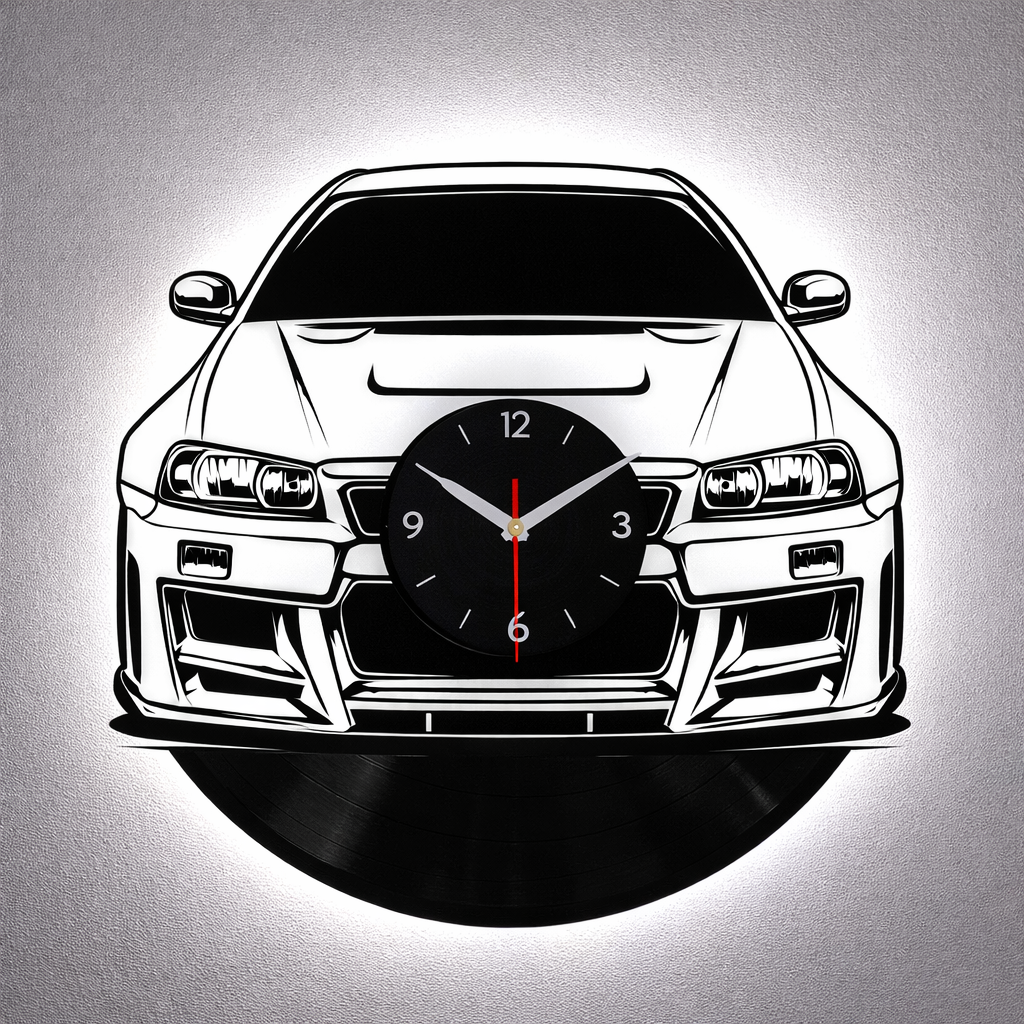 Vinyl Wanduhr - Schallplatte - Japanischer Sportwagen - Hintergrundbeleuchtet- leises Uhrwerk