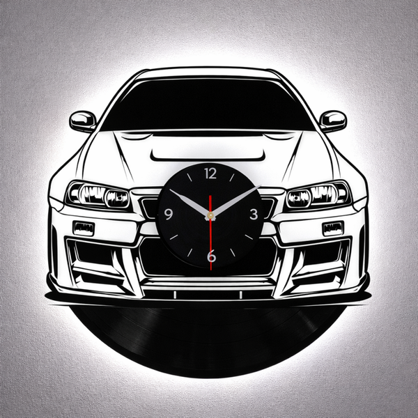 Vinyl Wanduhr - Schallplatte - Japanischer Sportwagen - Hintergrundbeleuchtet- leises Uhrwerk