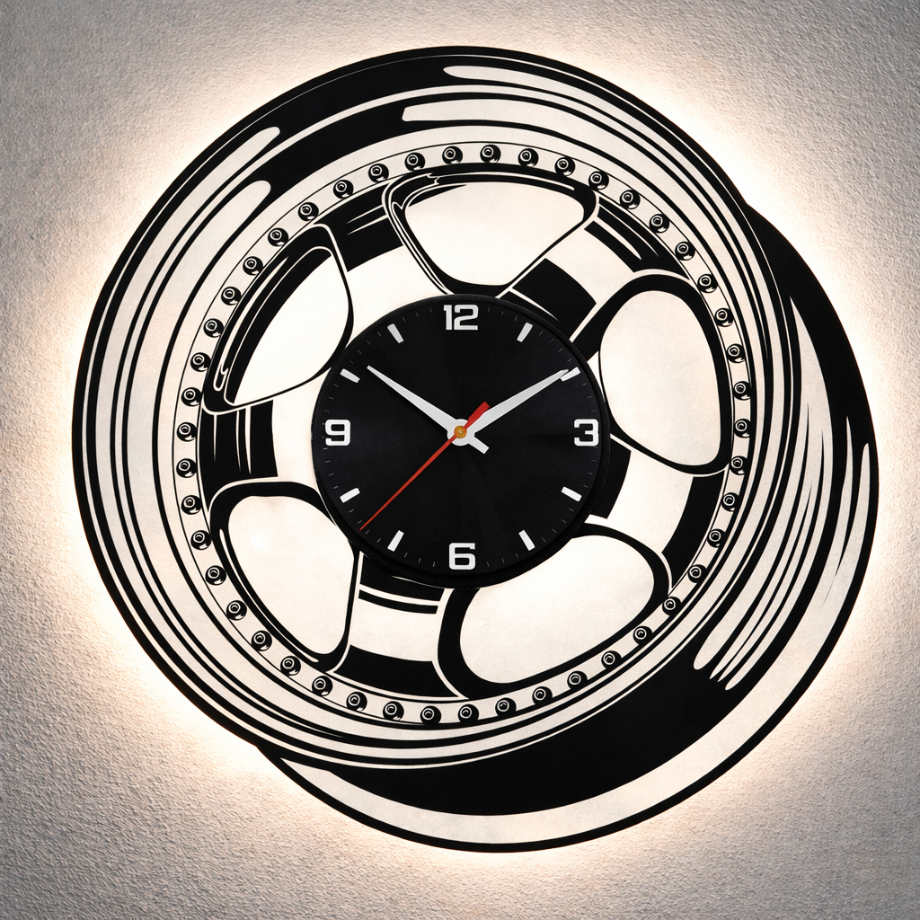 Vinyl Wanduhr - Schallplatte - Alufelge - Hintergrundbeleuchtet- leises Uhrwerk