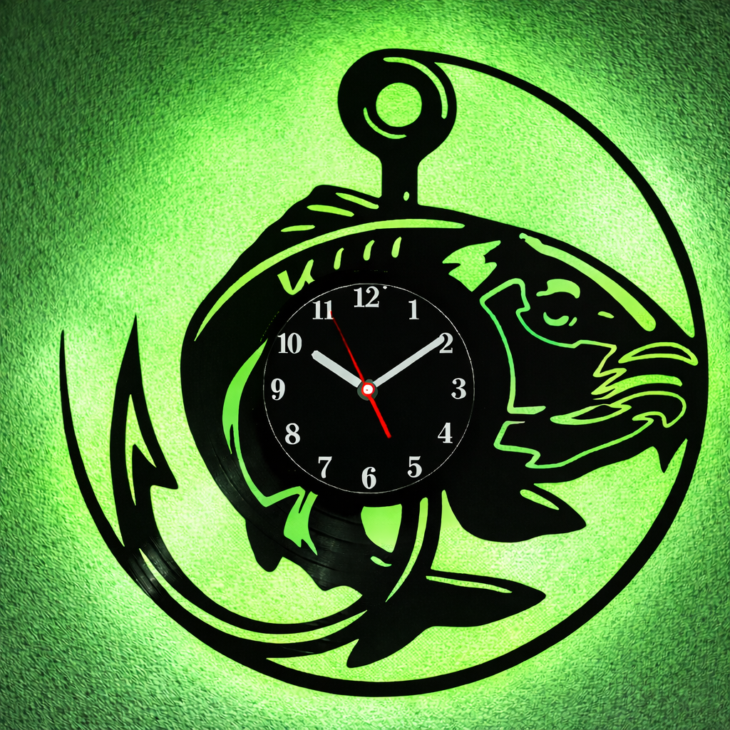 Vinyl Wanduhr - Schallplatte - Fisch Haken - Hintergrundbeleuchtet- leises Uhrwerkt Quartz Uhrwerk
