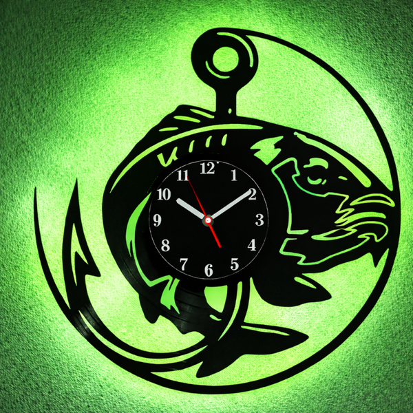 Vinyl Wanduhr - Schallplatte - Fisch Haken - Hintergrundbeleuchtet- leises Uhrwerkt Quartz Uhrwerk