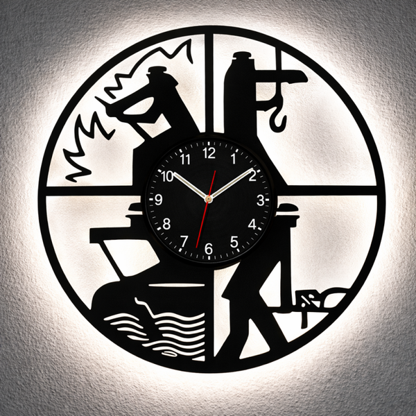 Vinyl Wanduhr - Schallplatte - Feuerwehr -retten,bergen,schützen,löshen  Hintergrundbeleuchtet- leises Uhrwerkt Quartz Uhrwerk
