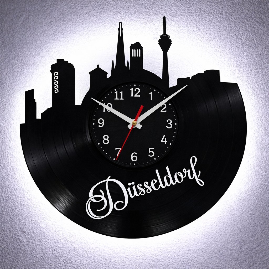 Vinyl Wanduhr - Schallplatte - Düsseldorf - Hintergrundbeleuchtet- leises Uhrwerk
