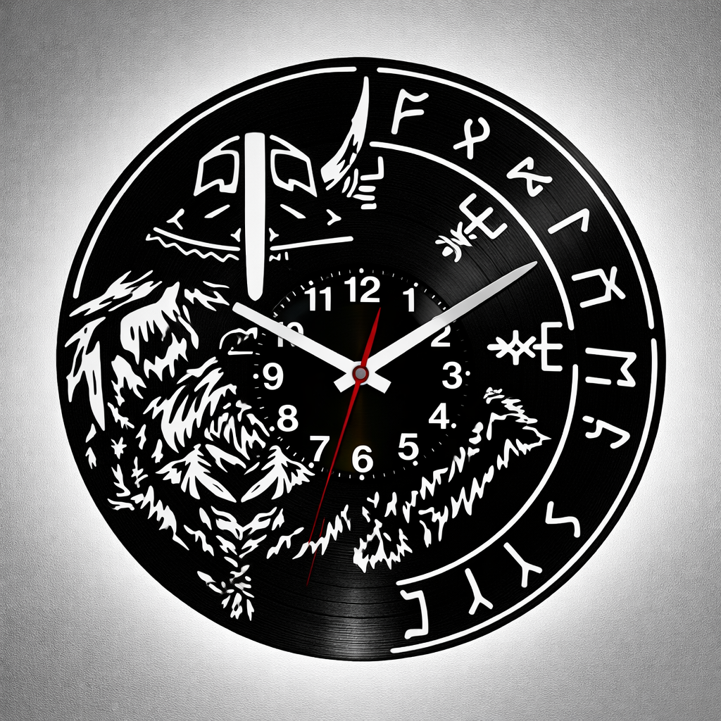 Vinyl Wanduhr - Schallplatte - Wikinger  - Hintergrundbeleuchtet- leises Uhrwerkt Quartz Uhrwerk