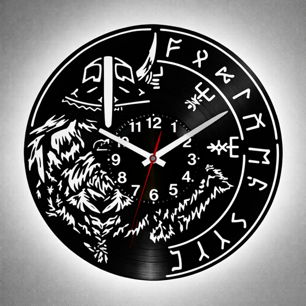 Vinyl Wanduhr - Schallplatte - Wikinger  - Hintergrundbeleuchtet- leises Uhrwerkt Quartz Uhrwerk