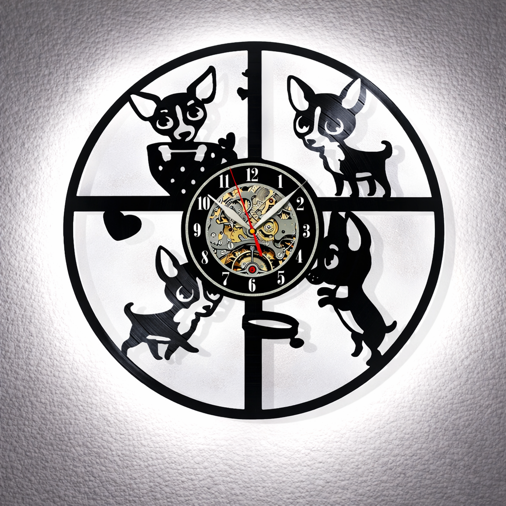 Wanduhr aus Schallplatte, Motiv "Chihuahua", Vinyl Uhr, beleuchtet, Silent Quartz Uhrwerk