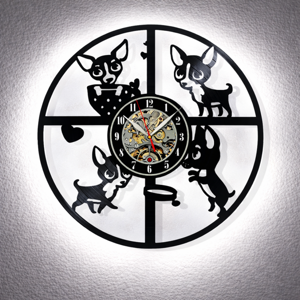 Wanduhr aus Schallplatte, Motiv "Chihuahua", Vinyl Uhr, beleuchtet, Silent Quartz Uhrwerk