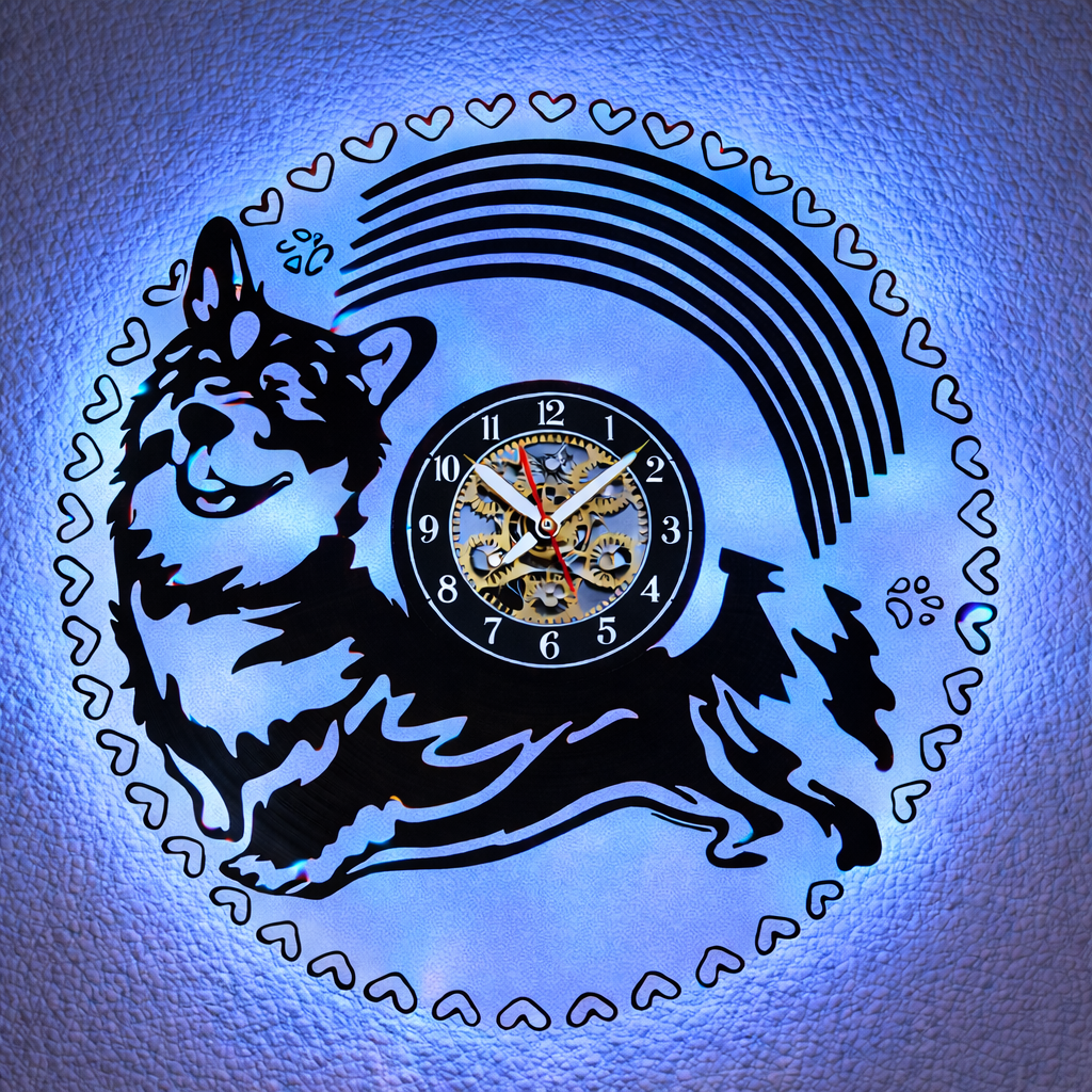 Vinyl Wanduhr - Schallplatte - Corgi  - Hintergrundbeleuchtet- leises Uhrwerk