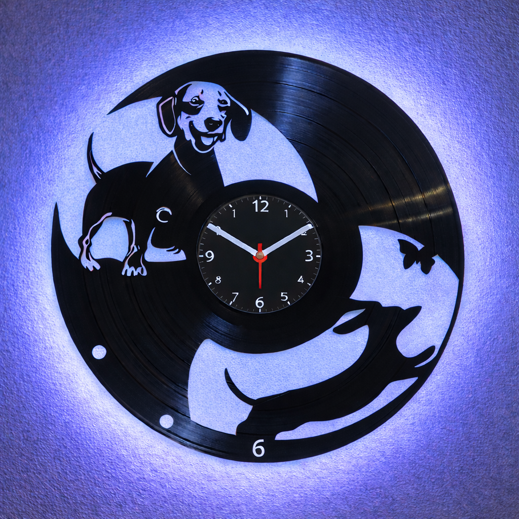 Wanduhr aus Schallplatte, Motiv "Dackel 2", Vinyl Uhr, beleuchtet, Silent Quartz Uhrwerk