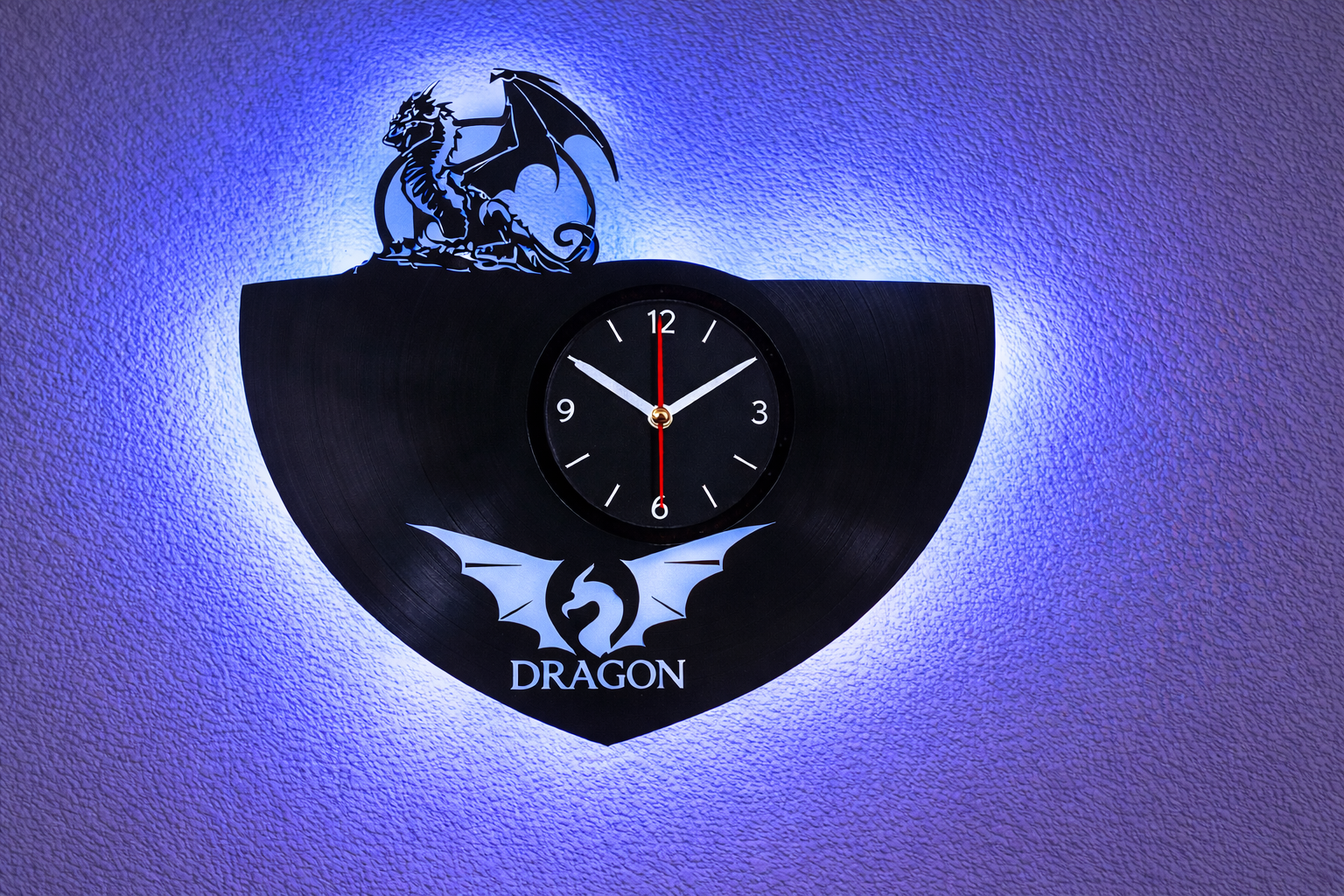 Wanduhr aus Schallplatte, Motiv "Drache", Vinyl Uhr, beleuchtet, Silent Quartz Uhrwerk