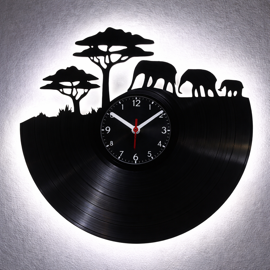 Vinyl Wanduhr - Schallplatte - Safari - Hintergrundbeleuchtet- leises Uhrwerkt Quartz Uhrwerk
