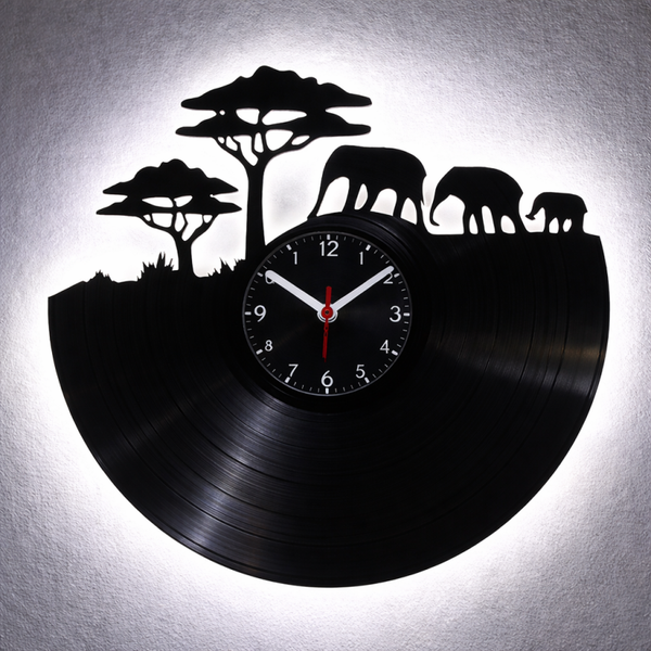 Vinyl Wanduhr - Schallplatte - Safari - Hintergrundbeleuchtet- leises Uhrwerkt Quartz Uhrwerk