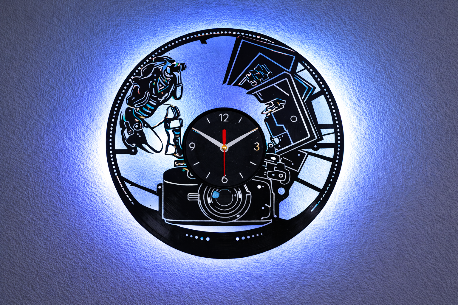 Vinyl Wanduhr -Motiv Fotograf  - Hintergrundbeleuchtet- leises Uhrwerk