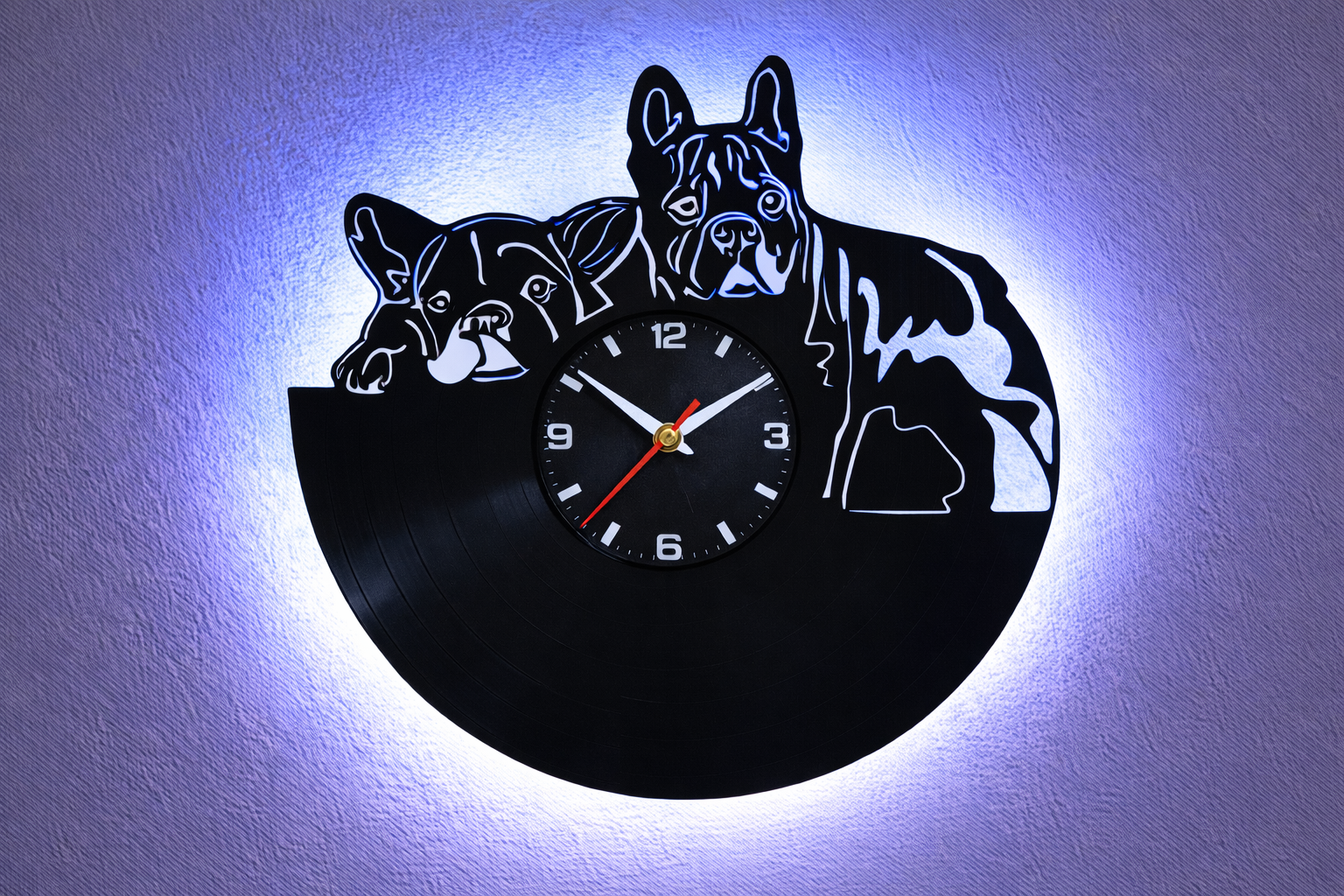 Vinyl Wanduhr - Schallplatte - Französische Bulldogge - Hintergrundbeleuchtet- leises Uhrwerk