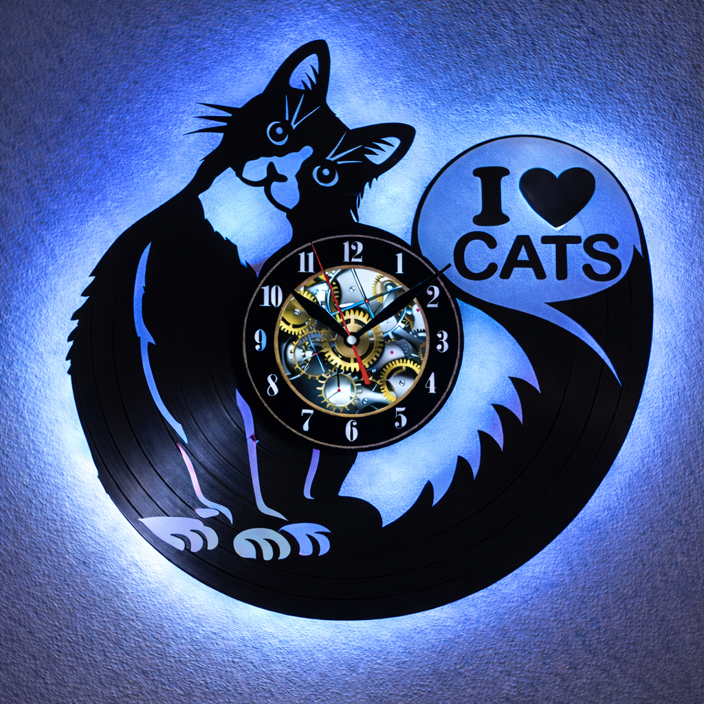 Wanduhr aus Schallplatte, Motiv " I Love Cats", Vinyl Uhr, beleuchtet, Silent Quartz Uhrwerk