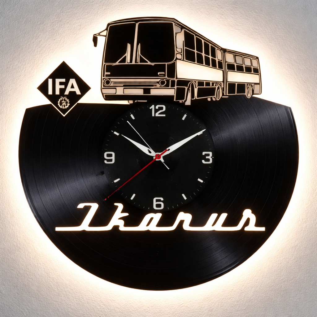 Vinyl Wanduhr - Schallplatte - Ikarus Bus - Hintergrundbeleuchtet- leises Uhrwerk