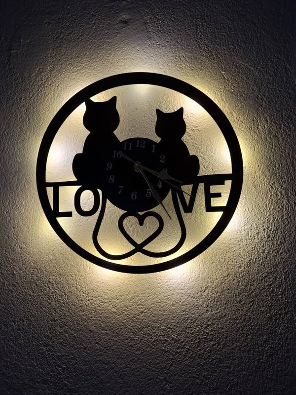 Wanduhr aus Schallplatte, Motiv "Katzen Liebe", Vinyl Uhr, beleuchtet, Silent Quartz Uhrwerk
