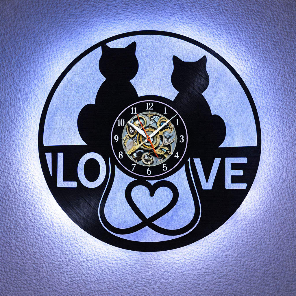 Vinyl Wanduhr - Schallplatte - Katze Love - Hintergrundbeleuchtet- leises Uhrwerkt Quartz Uhrwerk