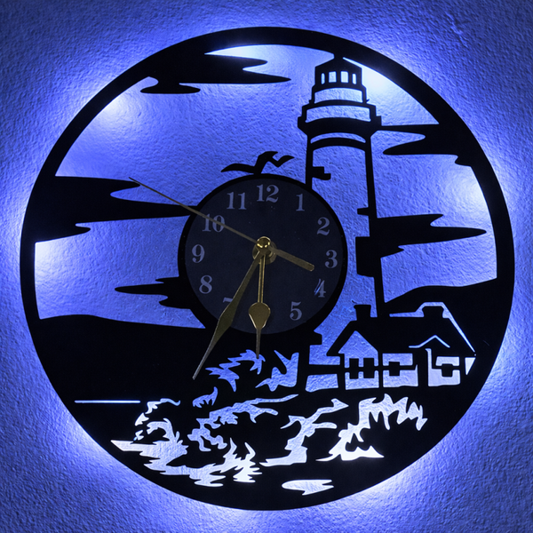 Vinyl Wanduhr - Schallplatte - Leuchtturm - Hintergrundbeleuchtet- leises Uhrwerkt Quartz Uhrwerk
