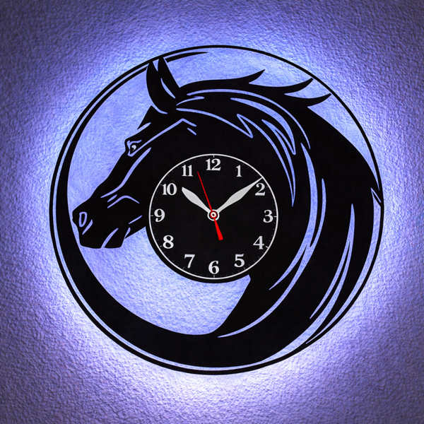 Vinyl Wanduhr - Schallplatte - Pferd - Hintergrundbeleuchtet- leises Uhrwerkt Quartz Uhrwerk