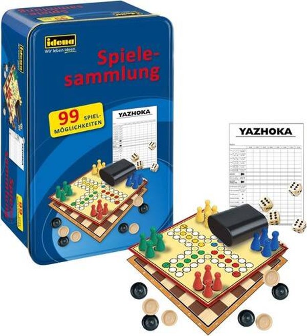 Idena Spielesammlung 99 in Metallbox Spielbrett Würfel Spielbecher Reisespiel