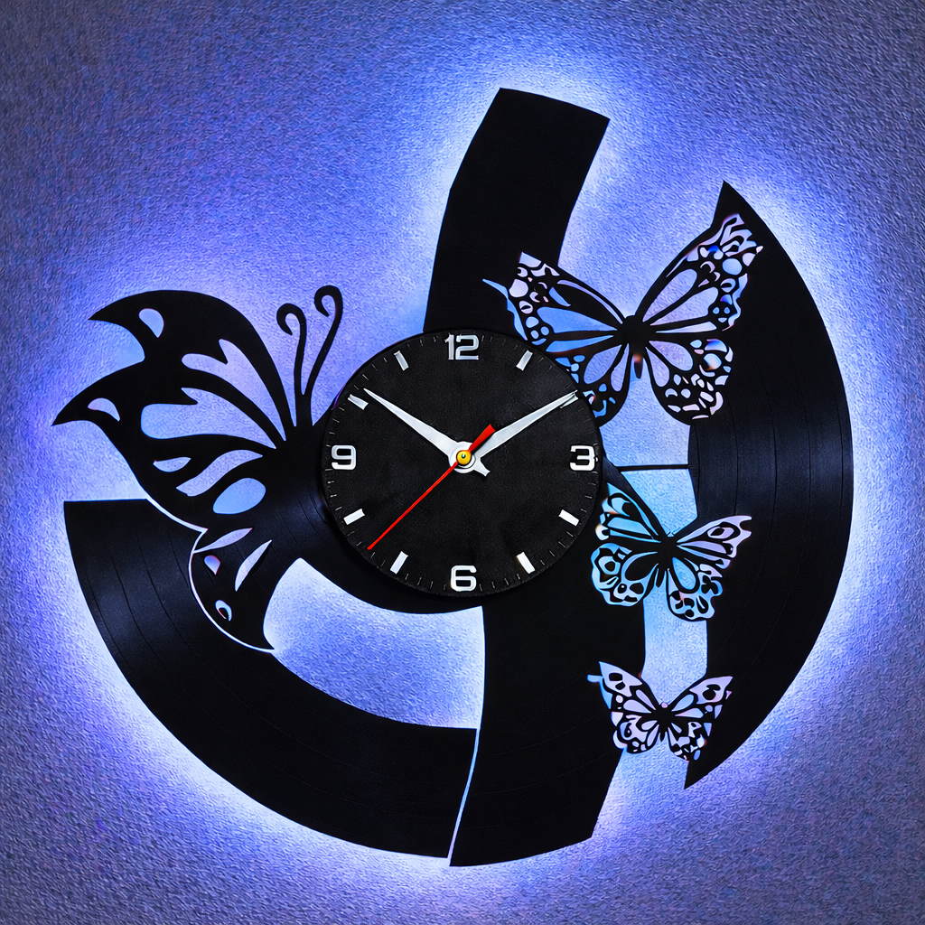 Wanduhr aus Schallplatte, Motiv "Schmetterling", Vinyl Uhr, beleuchtet, Silent Quartz Uhrwerk