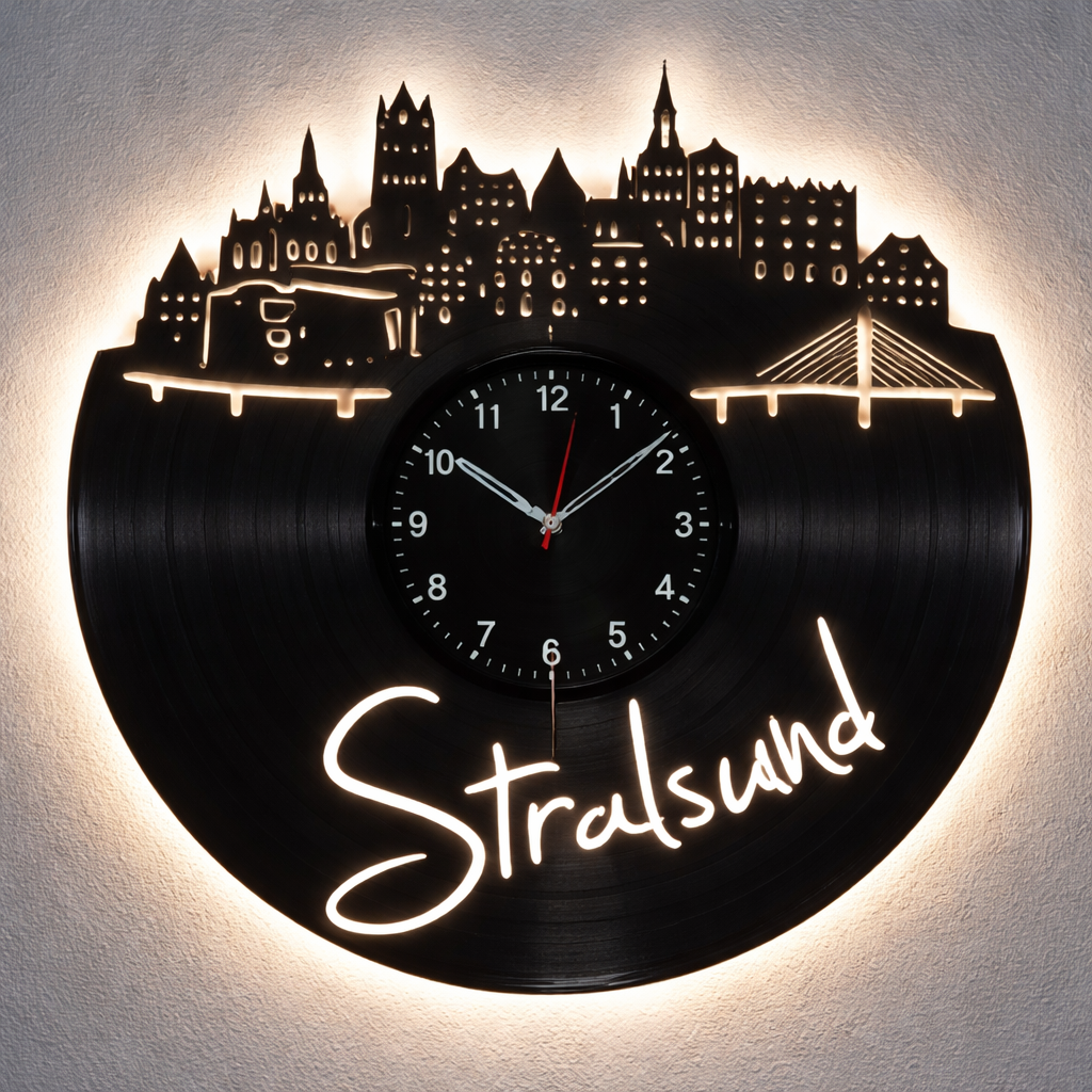 Vinyl Wanduhr - Schallplatte - Stralsund - Hintergrundbeleuchtet- leises Uhrwerk