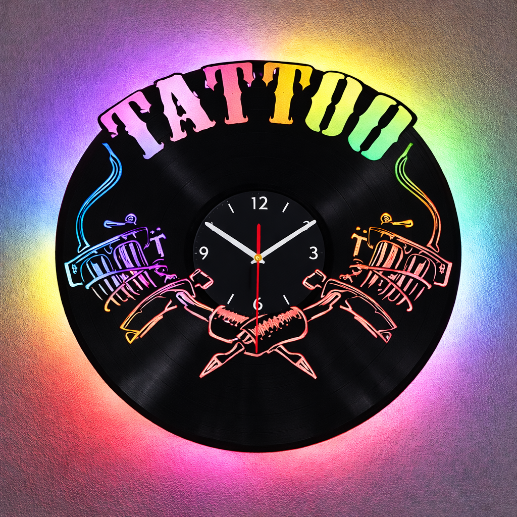 Vinyl Wanduhr - Schallplatte -Tattoo - Hintergrundbeleuchtet- leises Uhrwerk