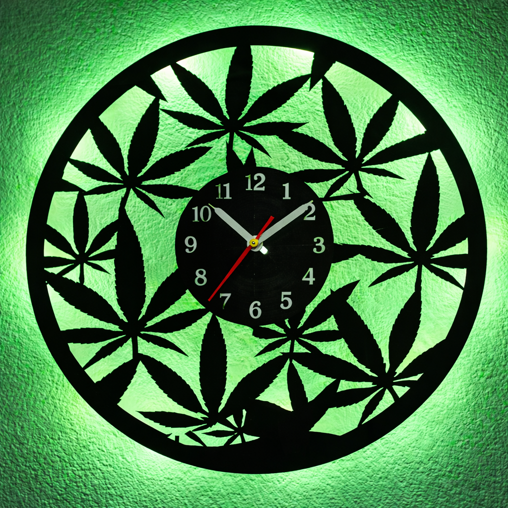 Vinyl Wanduhr - Schallplatte - Weed - Hintergrundbeleuchtet- leises Uhrwerkt Quartz Uhrwerk