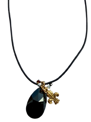 Collier goutte Swarovski noire et fleur de lys