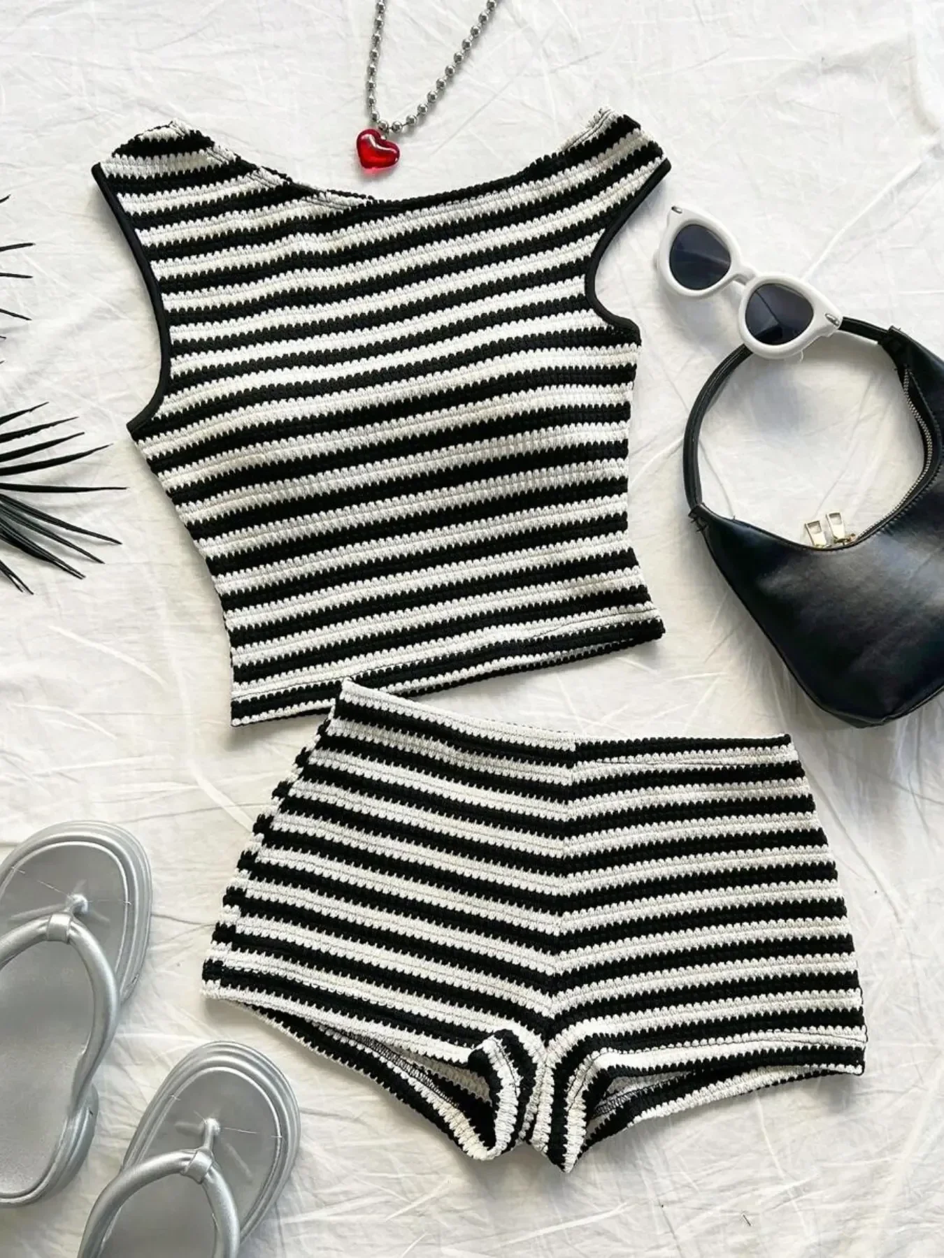 Striped Knit Asymmetrical Neckline Crop Top and Low Waist Tight Shorts Set, Womenswear, Perfect for Parties, Christmas, Valentine's Day, Beach, Cruise, Carnival, Easter, Lunar New Year, Summer