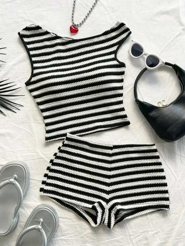 Striped Knit Asymmetrical Neckline Crop Top and Low Waist Tight Shorts Set, Womenswear, Perfect for Parties, Christmas, Valentine's Day, Beach, Cruise, Carnival, Easter, Lunar New Year, Summer
