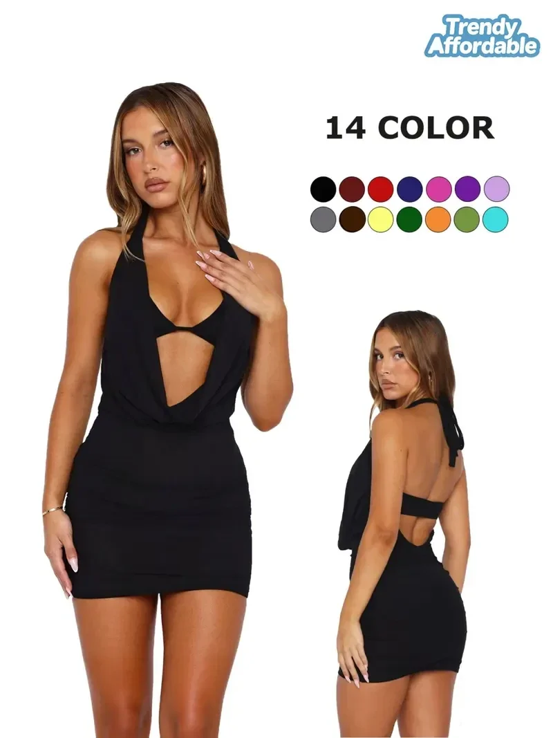 Summer Sexy Halter Dress, Deep V Neck, Bodycon Mini Dress, Slim Fit, Revealing Waist Design, Versatile Fashion for Ladies, Womenswear, Women
