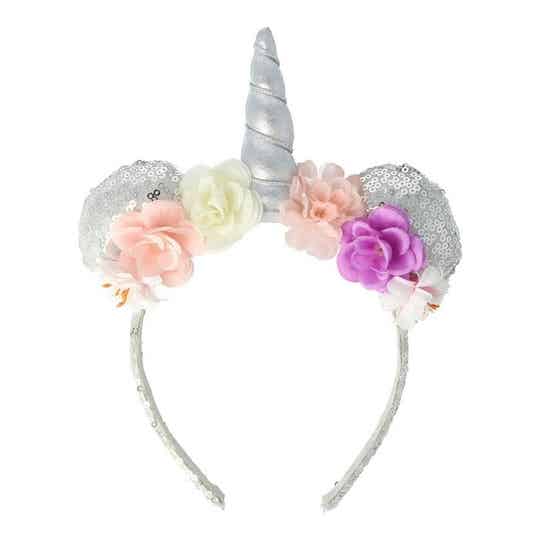 Diadeem eenhoorn met bloemen - Pailletten (zilver)