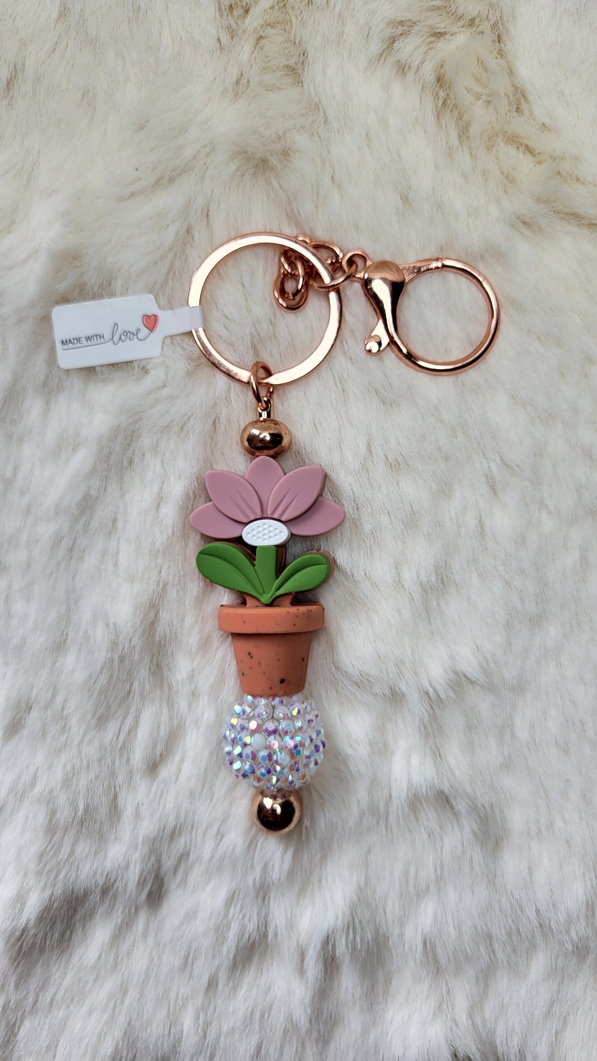 Sleutelhanger Bloempot rhinestone wit