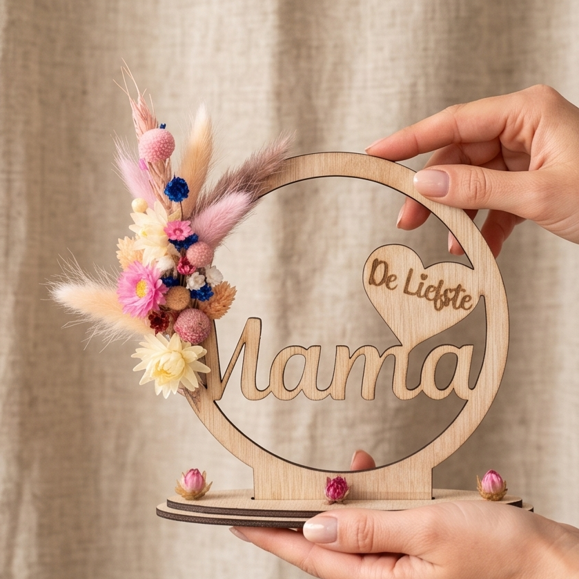 Naamcirkel (flowerhoop) met droogbloemen en hartje