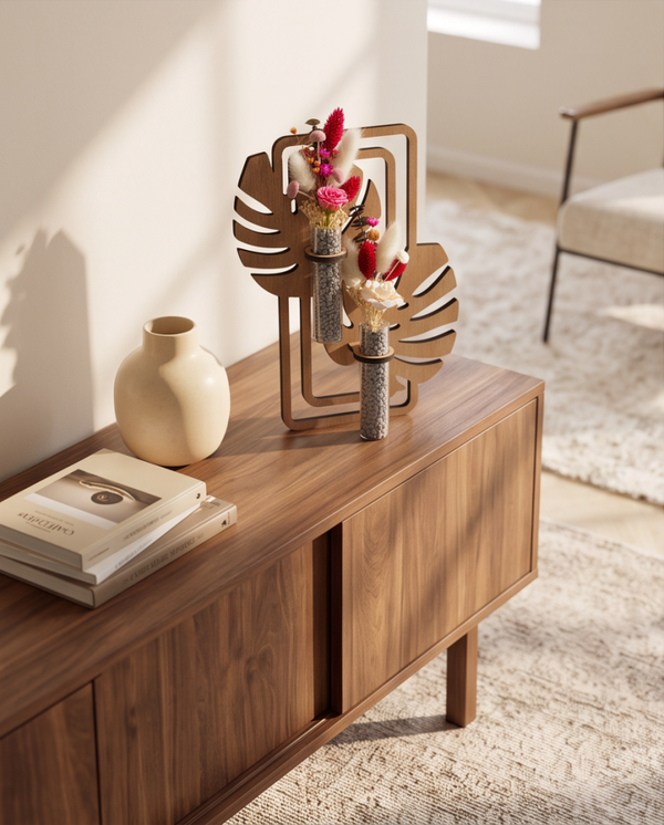 Bloom & Leaf – speels droogbloemenwandstuk met een warme twist - Monstera decoratie