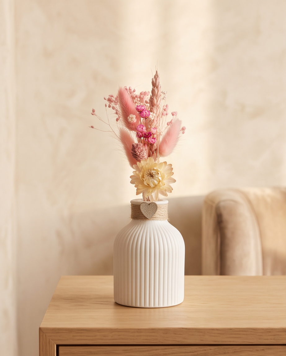 Een klein boeketje dat blijft stralen – handgemaakt gipsvaasje met droogbloemen
