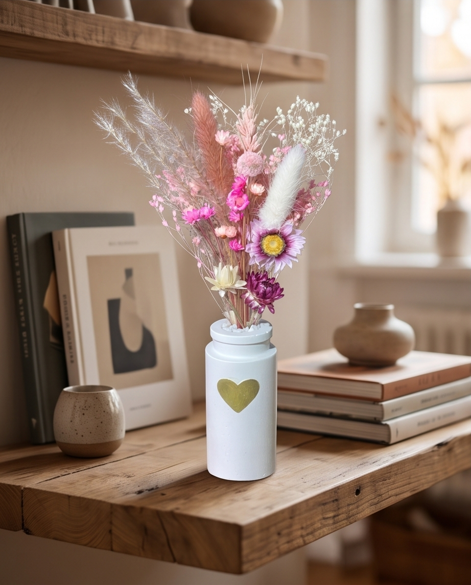 Een vaasje vol liefde – handgemaakt gipsvaasje met droogbloemen