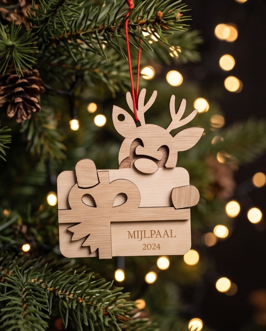 Rendier vol verrassingen – gepersonaliseerd kerstornament met geschenkkaart-houder