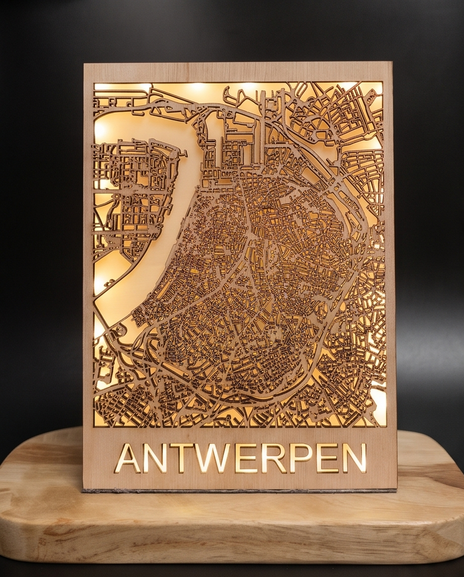 Jouw stad, jouw verhaal – unieke houten stadskaart van Antwerpen (stratenplan) met warme LED-verlichting