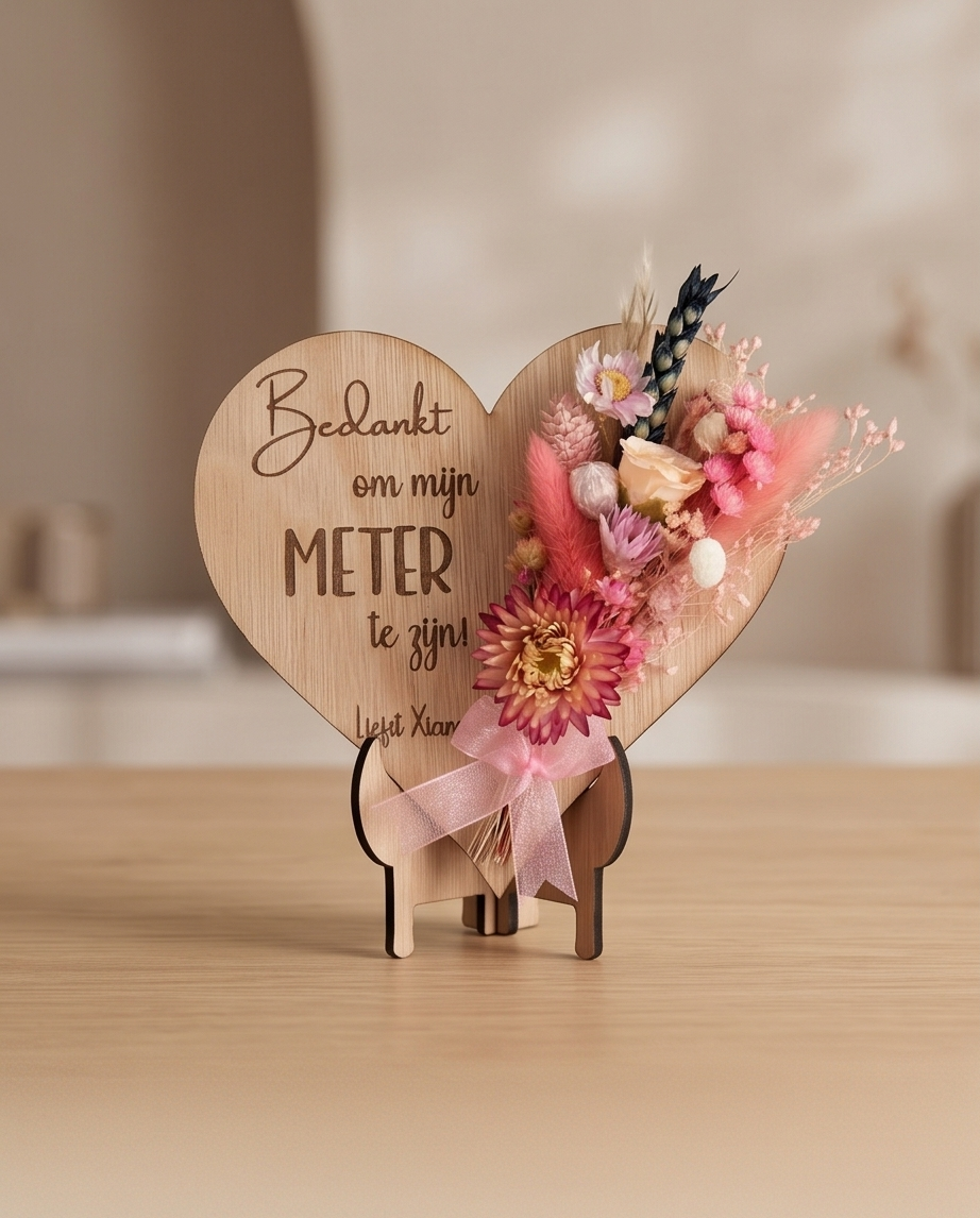 Hartje met boodschap, droogbloemen en houder