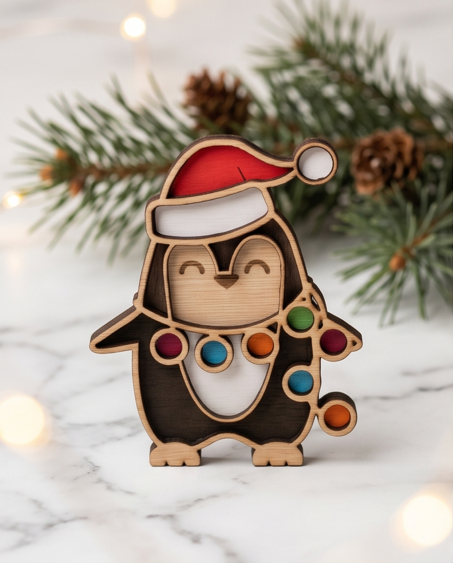 Kerst decoratie - Pinguïn met kerstmuts en slinger