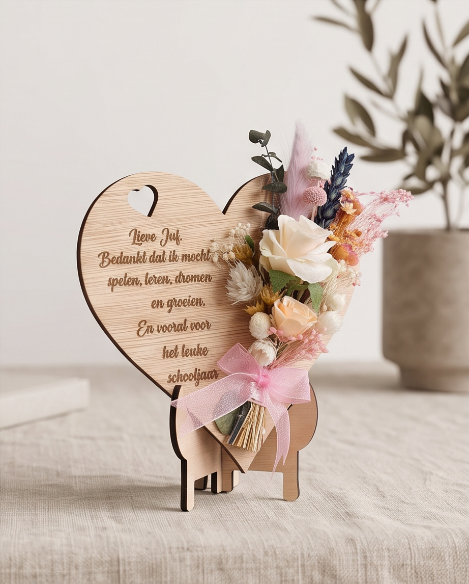 Houten hartje met boodschap en droogbloemen op staander
