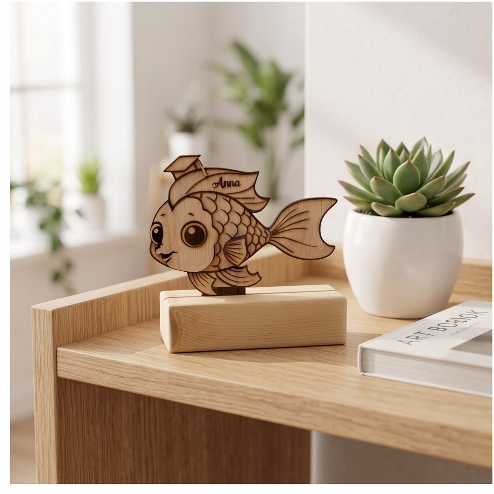 Een visje vol dankbaarheid – houten decoratie met naam