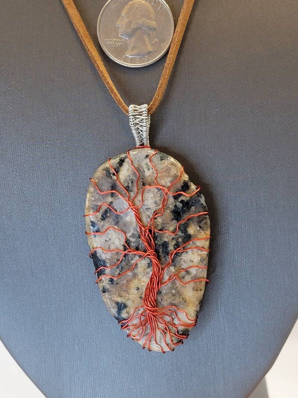 Pendant & Necklace Tree of life, Granite, Quartz, Feldspar, Biotite, Cabochon, Wire Wrapped