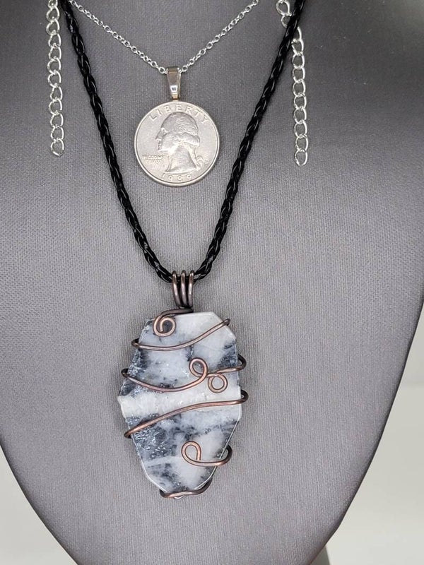 Pendant & Necklace, Tourmaline Quartz Black & White, Cabochon, Wire Wrapped